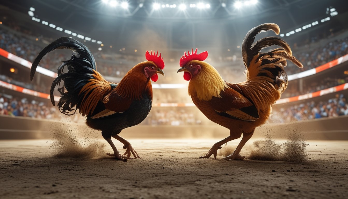 Dua ayam aduan Bangkok dan Birma sedang bertarung di arena sabung ayam dengan penonton di latar belakang.