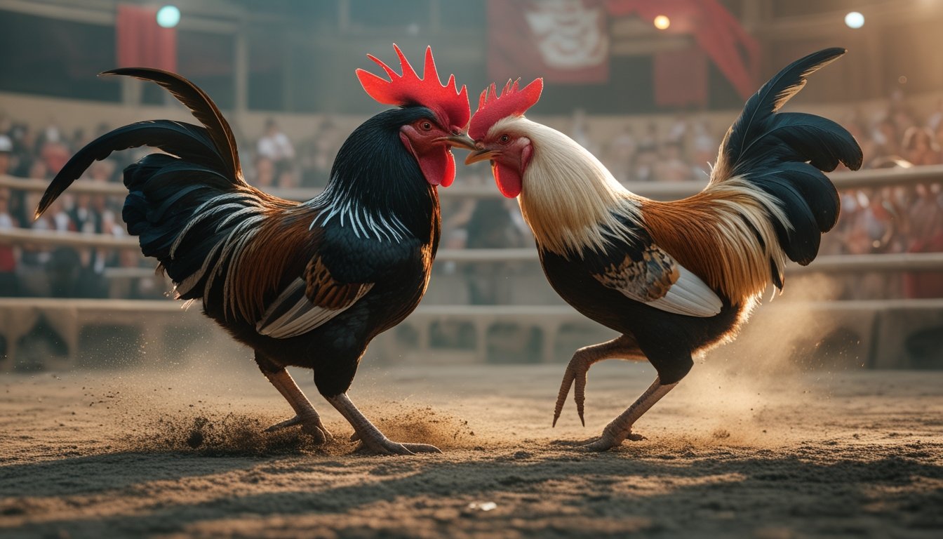 Dua ayam jago dari jenis Ayam Bangkok dan Ayam Birma sedang bertarung di arena sabung ayam dengan penonton di latar belakang.