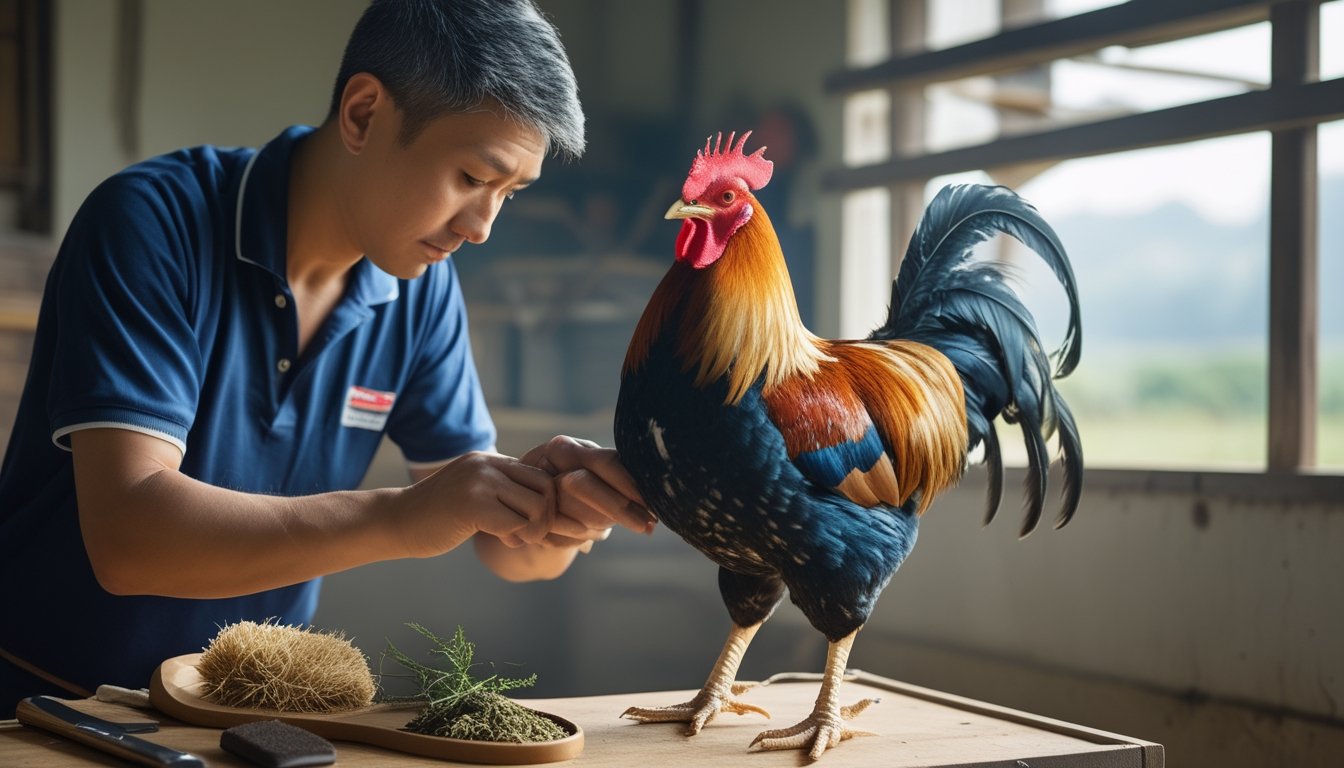 Seorang peternak sedang merawat ayam aduan juara dengan teliti di sebuah tempat tradisional yang bersih dan terang.