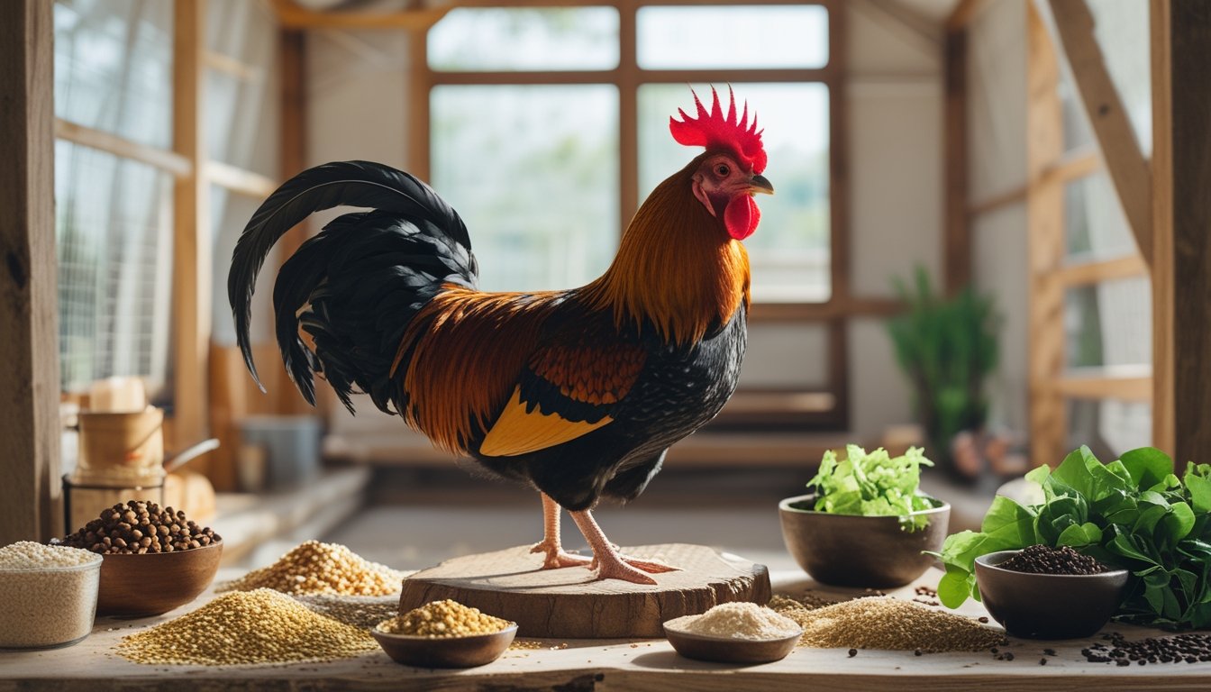 Seekor ayam aduan sehat berdiri di tempat bertengger dengan berbagai bahan pakan alami dan lingkungan kandang yang bersih.