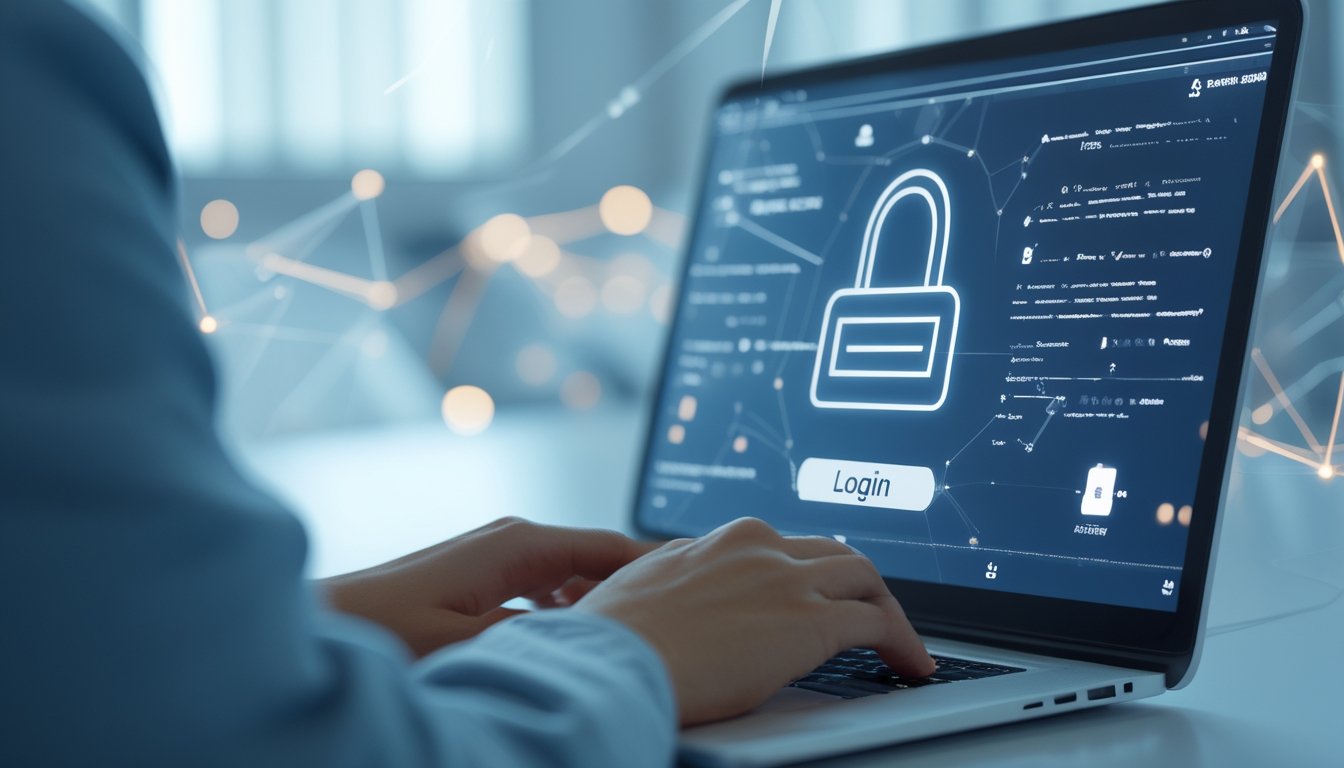 Seseorang menggunakan laptop dengan layar login di lingkungan digital yang modern dan aman.