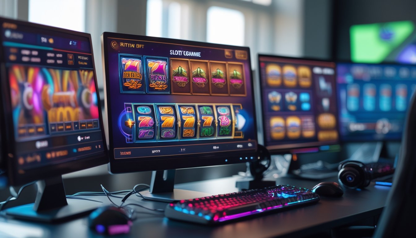 Sebuah ruang kerja modern dengan beberapa monitor menampilkan grafik permainan slot online dan persentase RTP secara langsung.