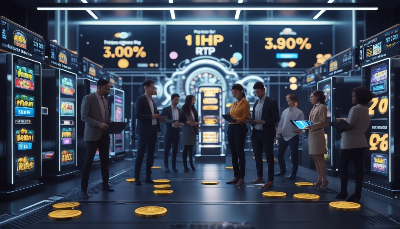 Orang-orang sedang melihat layar digital dengan grafik mesin slot dan data RTP tinggi di ruangan modern yang terang.