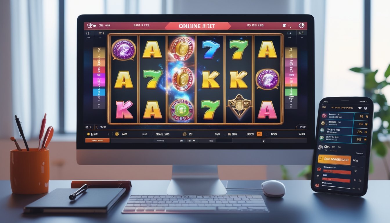 Sebuah meja kerja dengan komputer menampilkan permainan slot online berwarna-warni, dilengkapi notebook dan ponsel untuk analisis permainan.