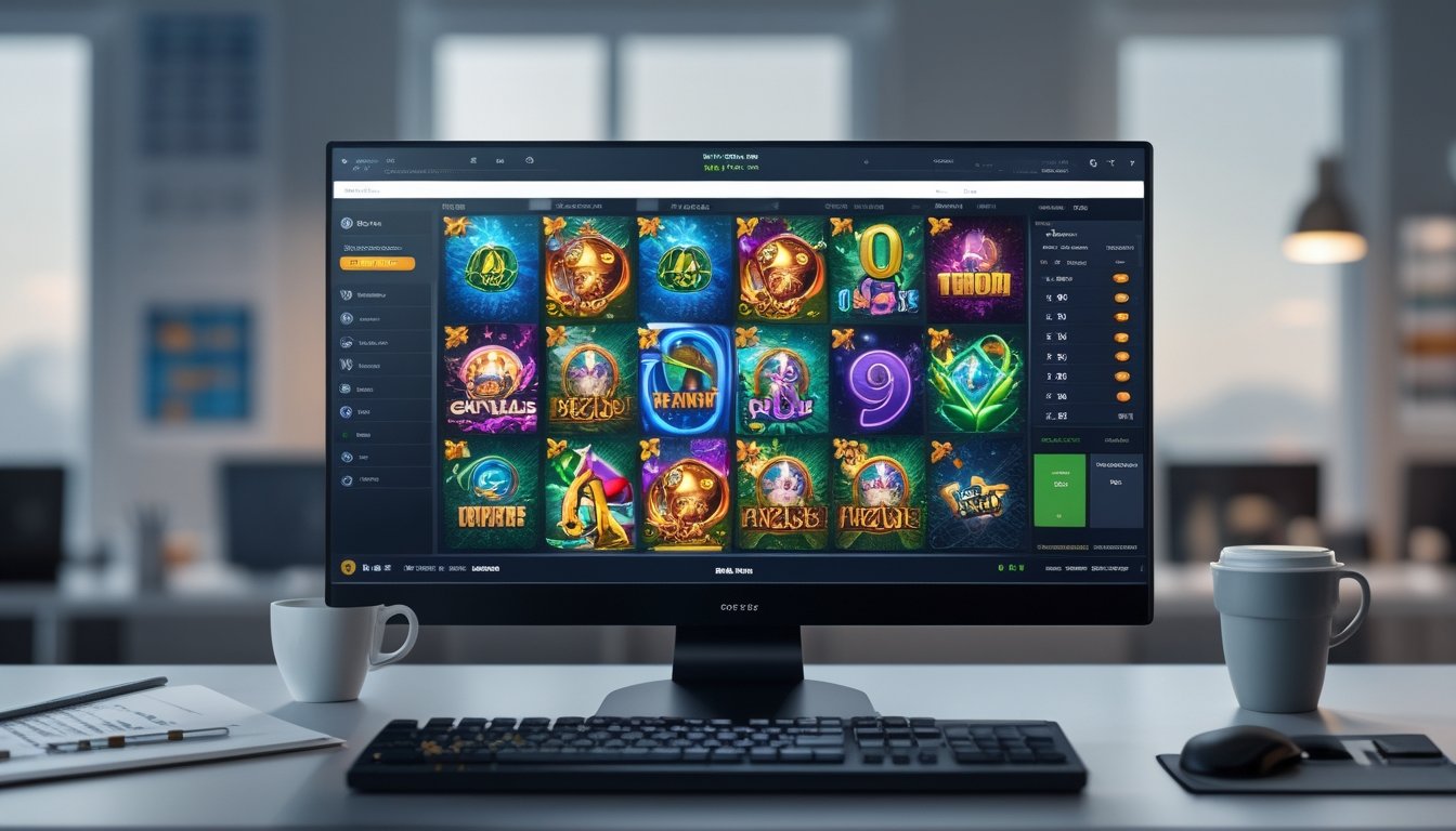 Sebuah meja kerja dengan komputer menampilkan permainan slot online berwarna-warni dan elemen-elemen yang menunjukkan strategi dan fokus.