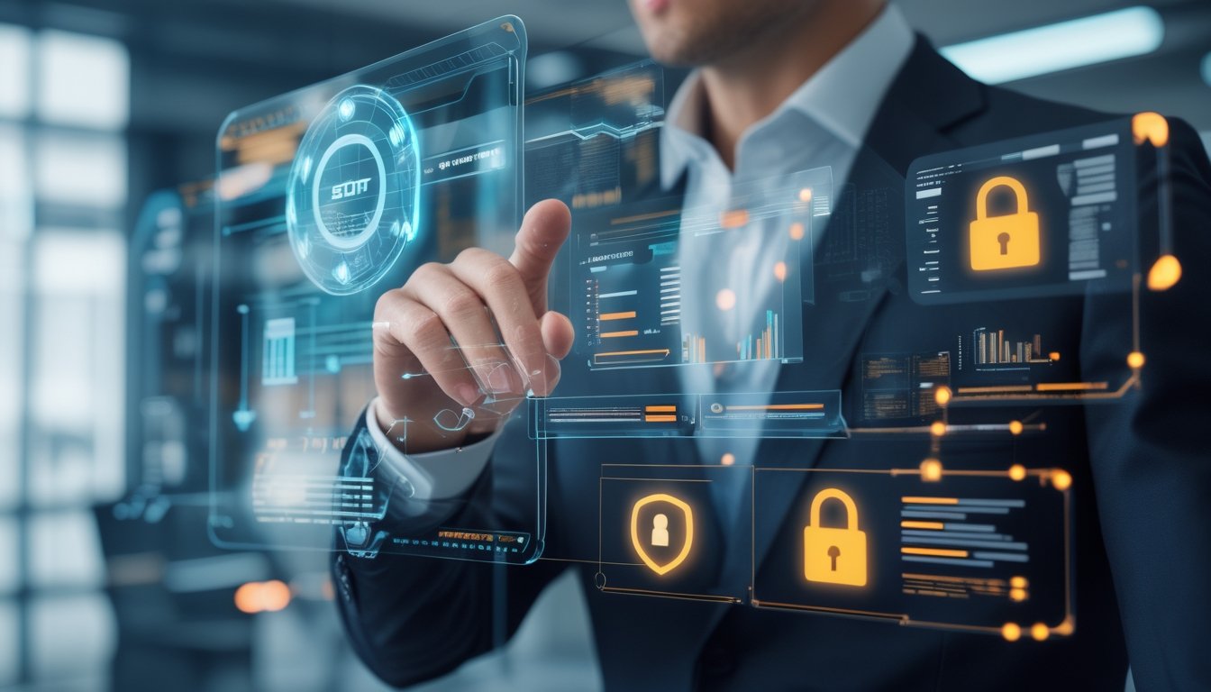 Seorang profesional sedang menganalisis data digital di kantor modern dengan teknologi canggih dan elemen keamanan yang terlihat.