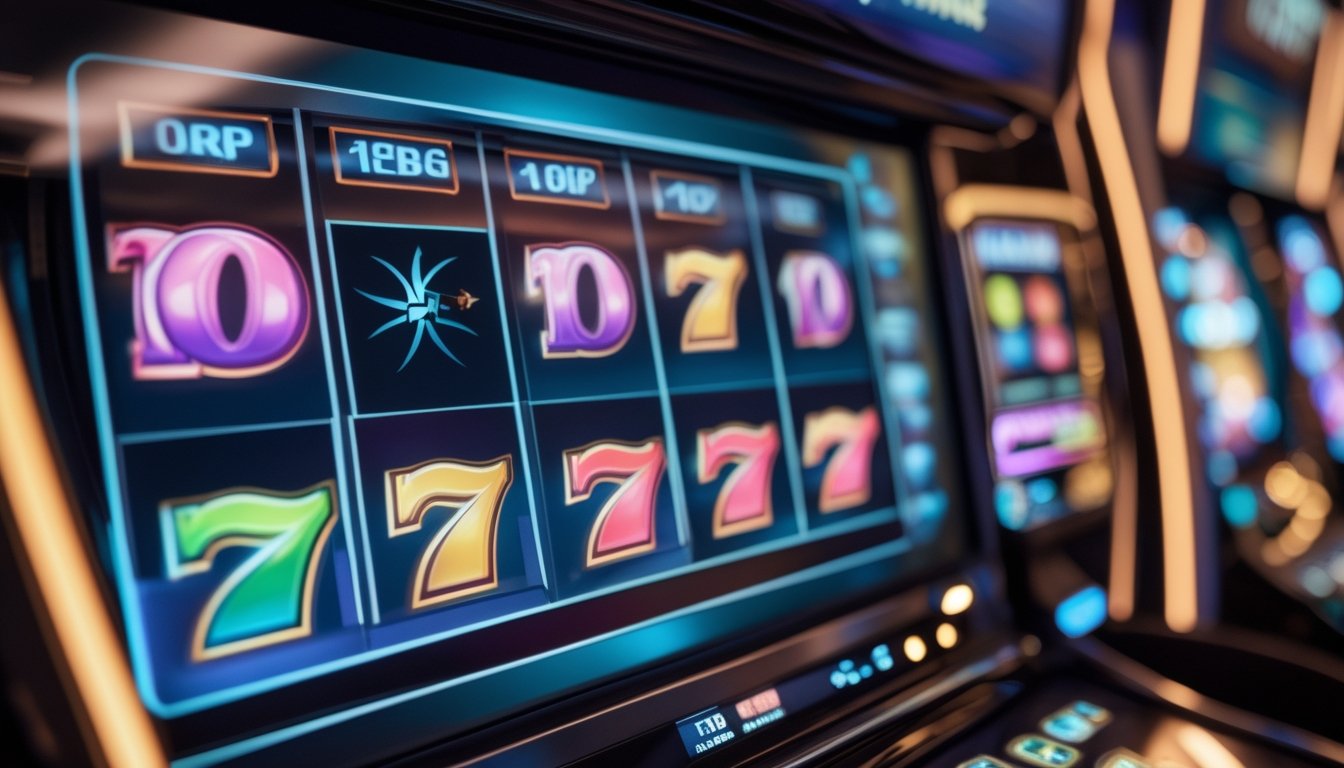 Sebuah mesin slot digital di kasino dengan simbol warna-warni dan ikon scatter hitam yang menonjol.