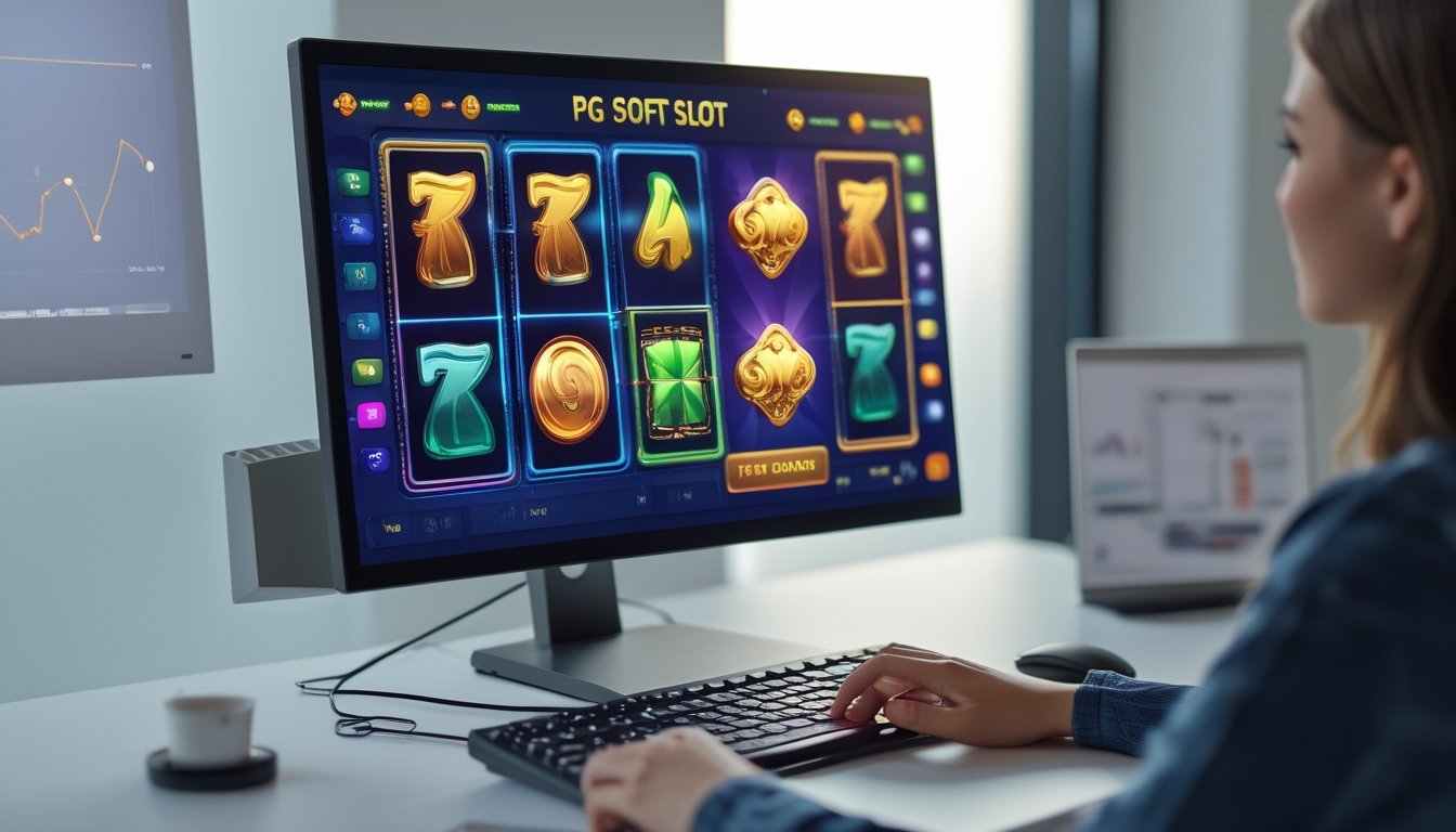 Seorang pemain sedang menggunakan komputer dengan tampilan permainan slot PG Soft yang berwarna-warni di layar.