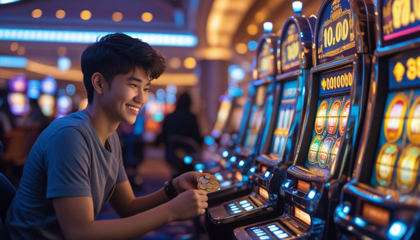 Seorang pemain slot di kasino memasukkan uang kecil ke mesin slot yang menyala dengan lampu warna-warni, menunjukkan suasana penuh semangat dan harapan menang besar.