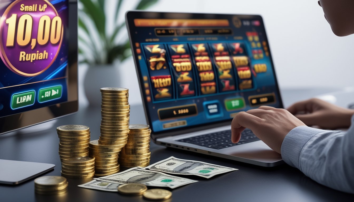 Sebuah meja dengan komputer menampilkan permainan mesin slot online dan sejumlah uang rupiah di sampingnya.
