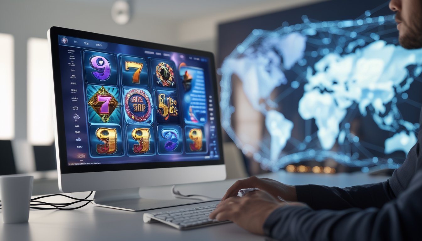 Seorang pengguna sedang bermain game slot online di komputer dengan latar belakang peta dunia dan elemen jaringan digital.