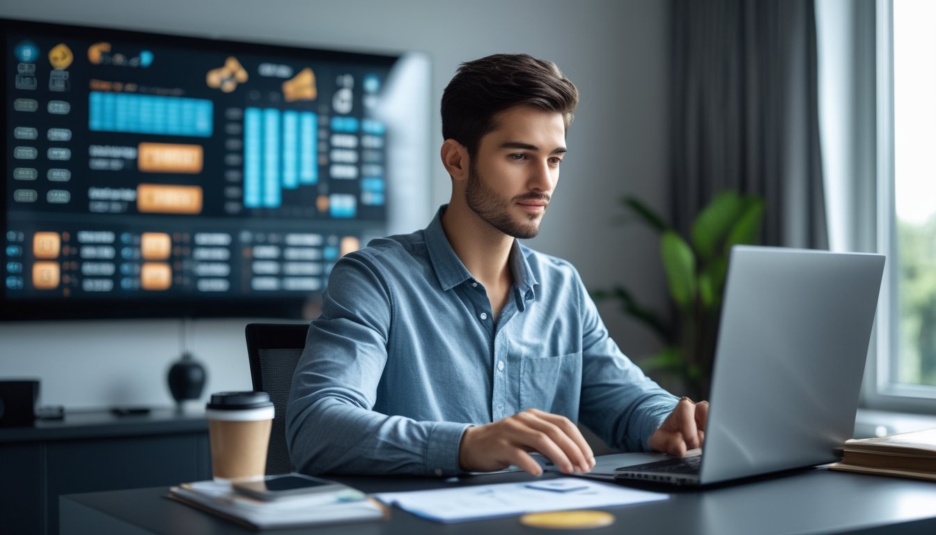 Seorang pria muda duduk di meja modern sambil menggunakan laptop, dengan catatan dan ponsel di meja, fokus mengelola keuangan dan strategi bermain slot online.