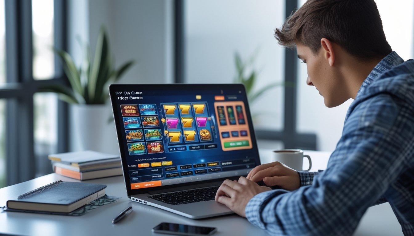 Seorang pria muda duduk di depan laptop dengan permainan slot online di layar, di meja terdapat buku catatan dan pena, menunjukkan manajemen saldo saat bermain.