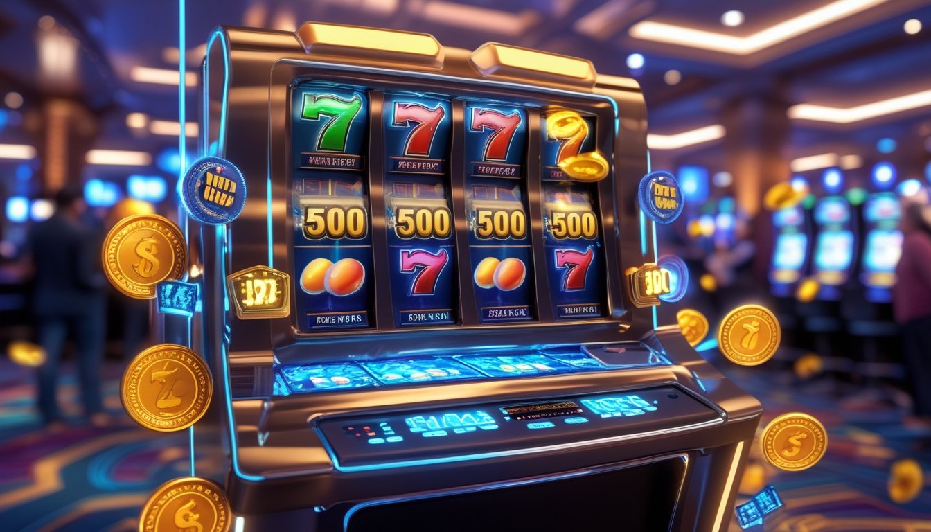 Suasana kasino dengan mesin slot modern yang menampilkan efek pengali x500 dan pemain yang sedang merayakan kemenangan.