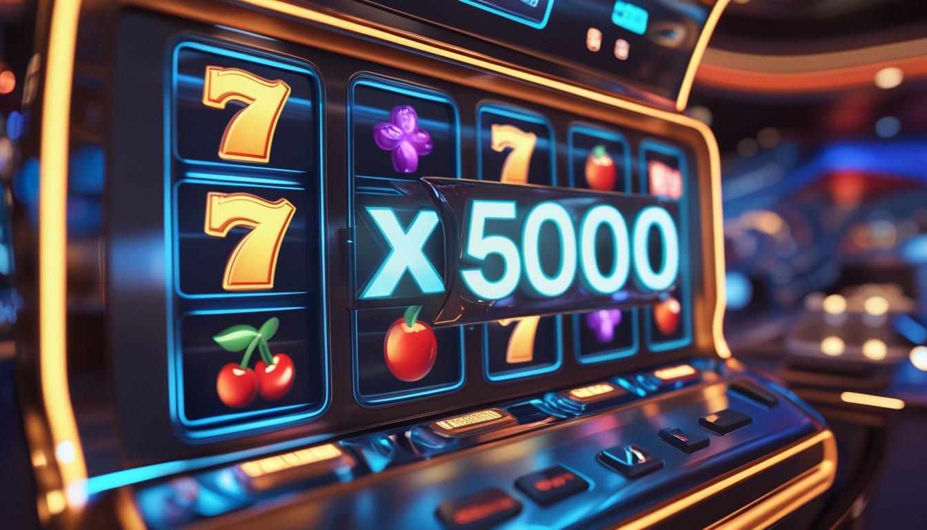Mesin slot digital modern dengan lampu berwarna cerah dan simbol kemenangan yang menunjukkan fitur pengganda x500 dalam suasana kasino futuristik.