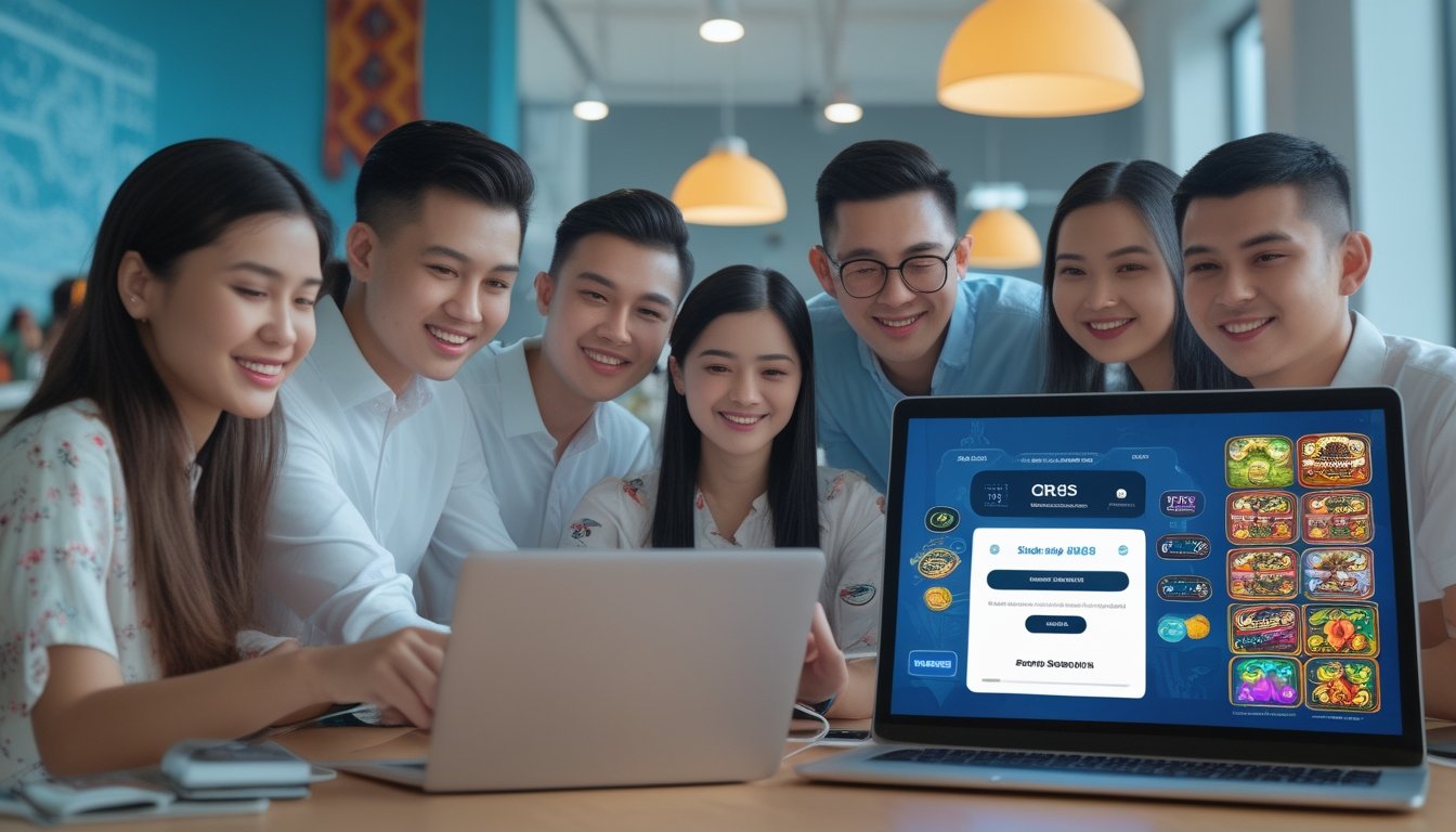 Sekelompok orang muda Indonesia menggunakan ponsel dengan kode QR untuk pembayaran digital, di ruang modern dengan perangkat yang menampilkan permainan slot.