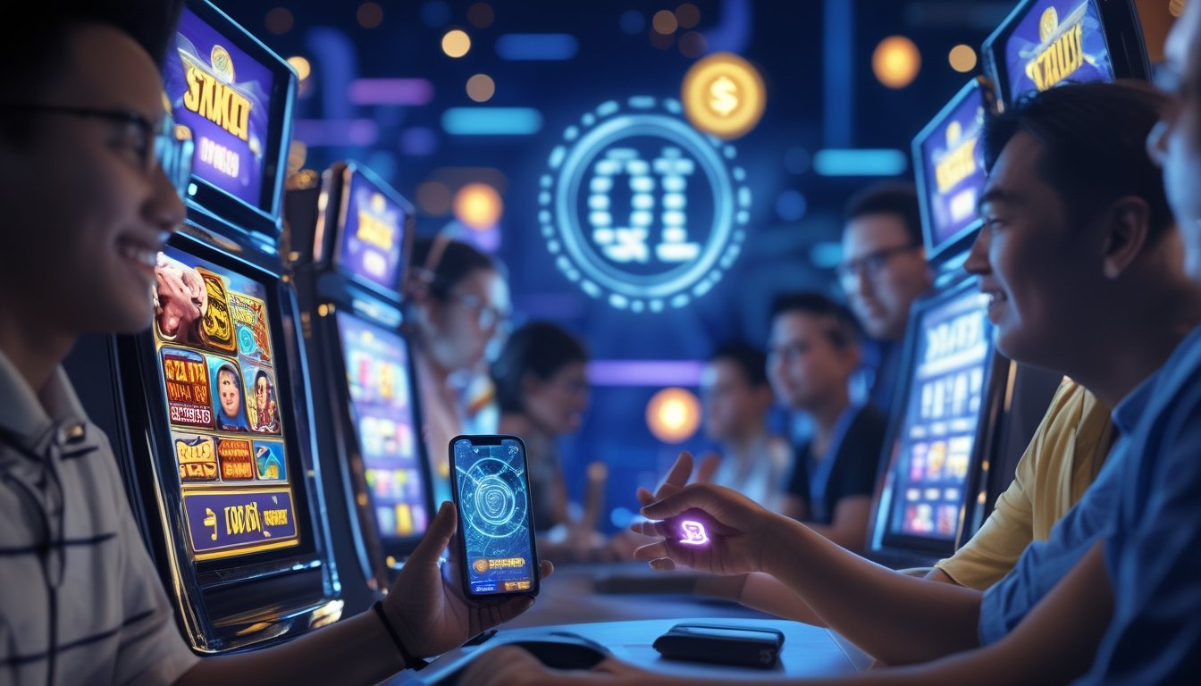 Sejumlah pemain Indonesia sedang bermain permainan slot di perangkat digital dengan latar belakang kode QR yang menyala, menunjukkan sistem deposit QRIS.