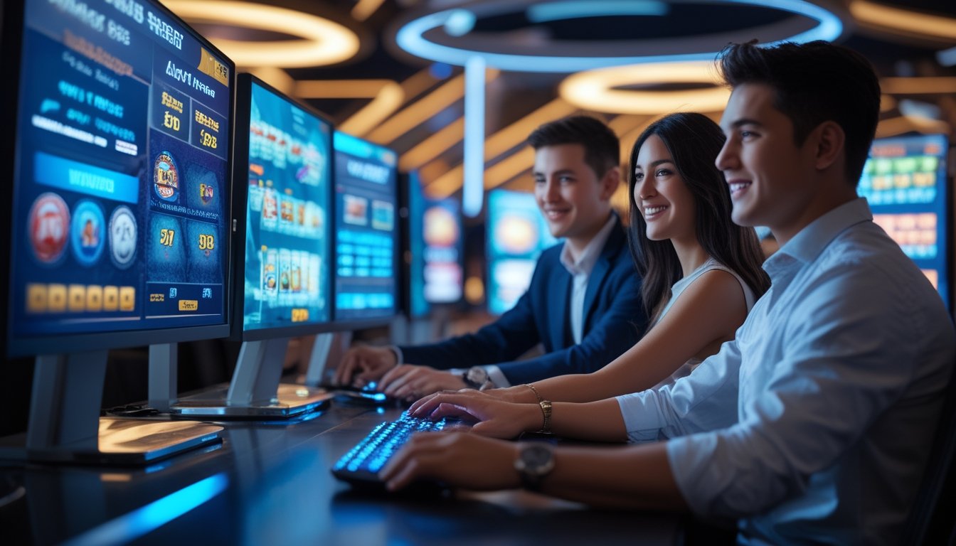 Dua orang dewasa muda duduk bersama di depan beberapa monitor komputer yang menampilkan permainan slot dan grafik kemenangan di ruangan dengan pencahayaan modern.