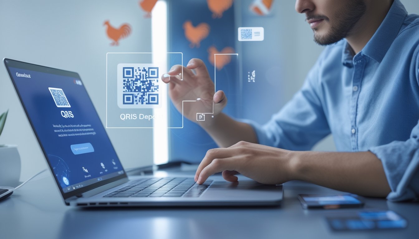 Seorang pria muda duduk di meja dengan laptop dan ponsel yang menampilkan kode QR, sedang melakukan pendaftaran akun online dengan sistem pembayaran digital.