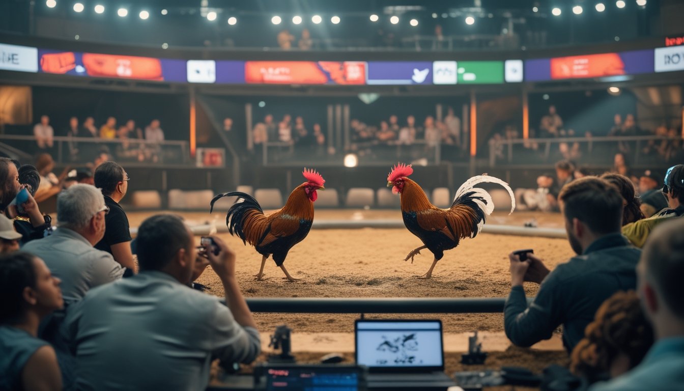 Beberapa orang menonton dengan serius pertarungan dua ayam di arena sabung ayam yang modern dan terang, dengan ayam-ayam sedang beraksi di tengah arena.