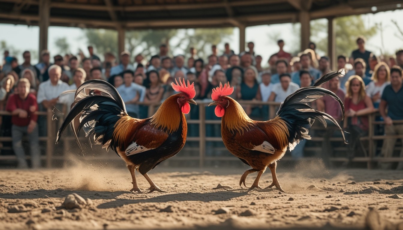 Dua ayam jago sedang bertarung di arena sabung dengan penonton yang memperhatikan di sekeliling.