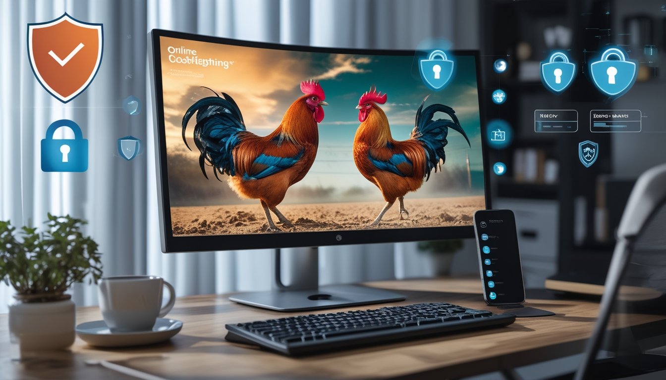 Sebuah ruang kerja modern dengan komputer menampilkan siaran langsung pertandingan sabung ayam berkualitas tinggi dan ikon keamanan digital di latar belakang.