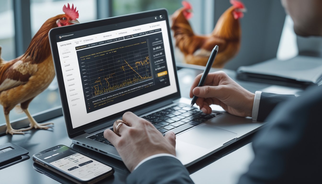 Seseorang sedang menganalisis data statistik di laptop dan mencatat dengan pena di meja kerja yang terang dengan ponsel menampilkan aplikasi taruhan online dan gambar ayam jago samar di latar belakang.