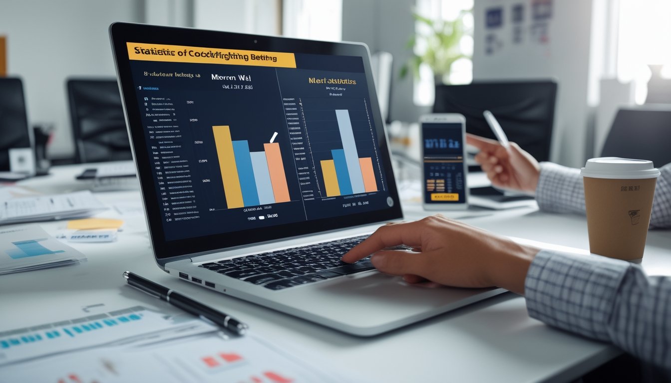 Meja kerja dengan laptop yang menampilkan grafik statistik, tangan menunjuk layar, dan smartphone dengan aplikasi taruhan terbuka.