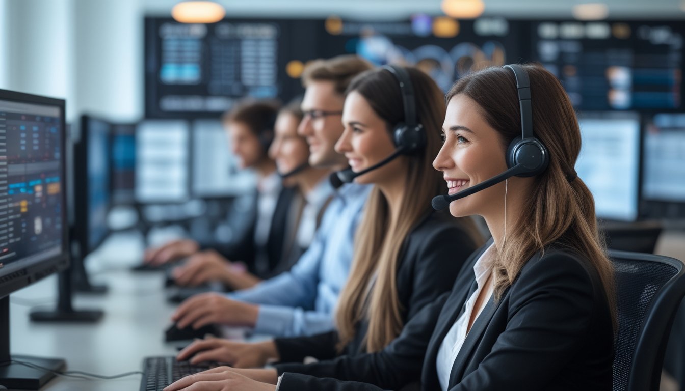 Pusat layanan pelanggan dengan staf yang ramah menggunakan headset di kantor modern dengan komputer dan layar, bekerja nonstop.