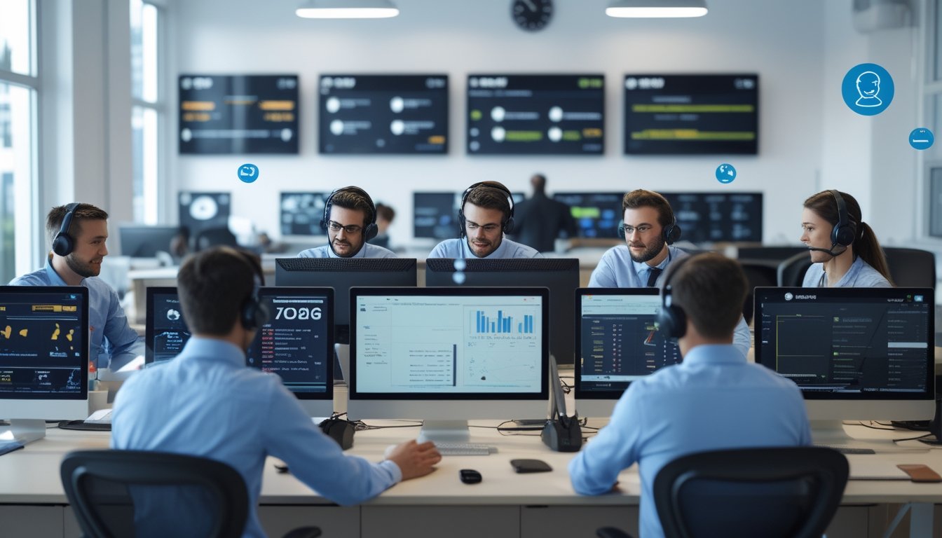Tim layanan pelanggan yang sedang bekerja di kantor modern dengan beberapa monitor dan headset, menunjukkan dukungan nonstop untuk agen sabung ayam online.