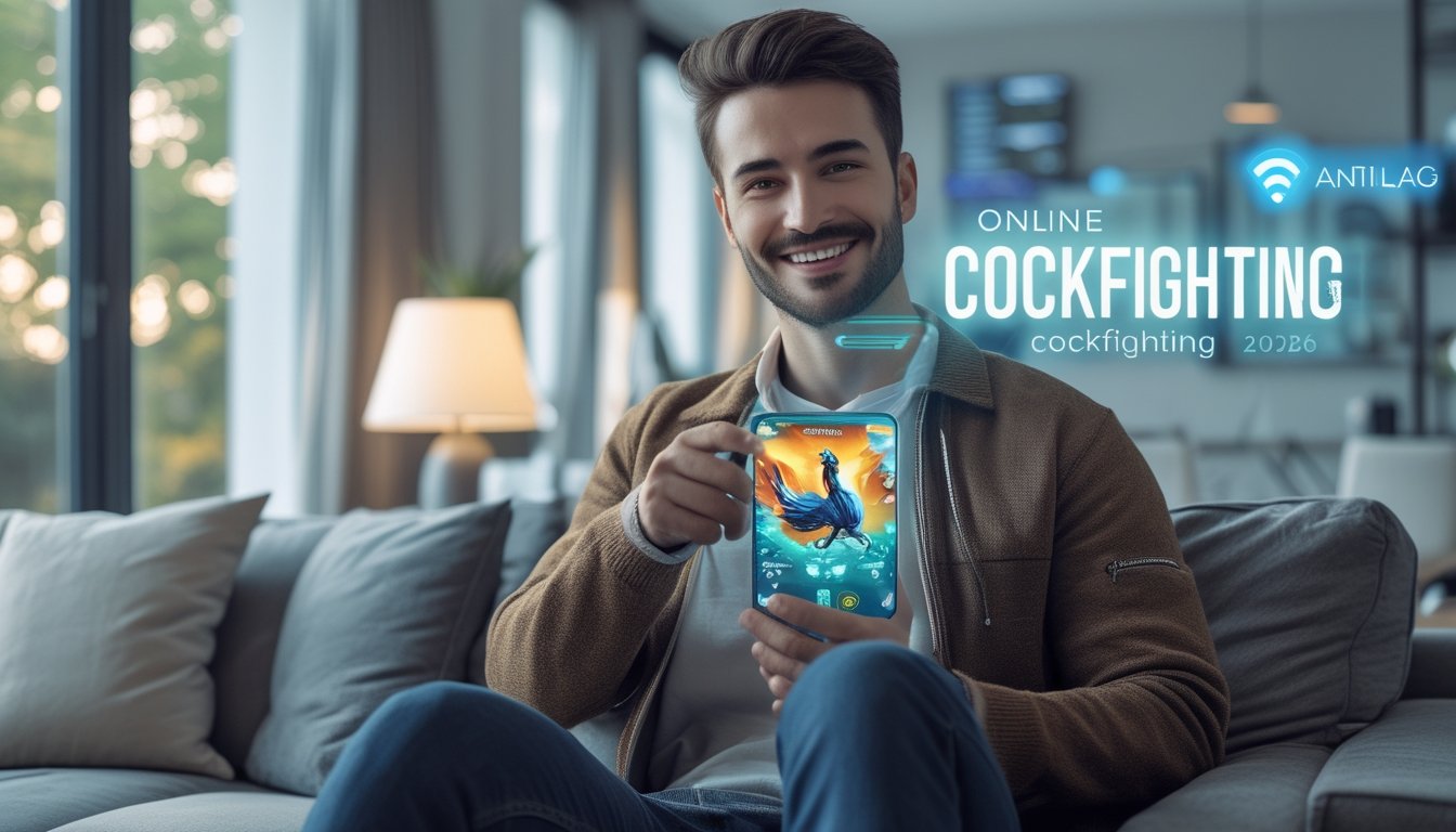 Seorang pria muda duduk di ruang tamu modern sambil memainkan game sabung ayam online di ponsel dengan ekspresi senang dan nyaman.