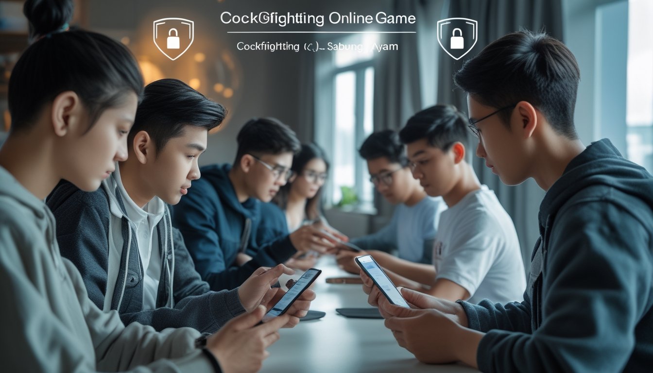 Sekelompok orang muda menggunakan ponsel di ruangan terang dengan latar belakang ikon keamanan digital yang menunjukkan privasi dan keamanan dalam bermain sabung ayam online.