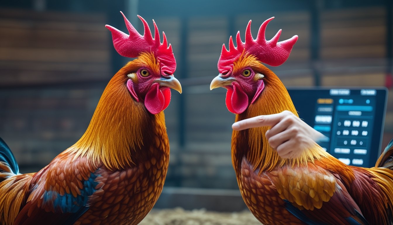 Dua ayam jago yang siap bertarung di arena dengan latar belakang perangkat elektronik yang menunjukkan pertandingan sabung ayam online.