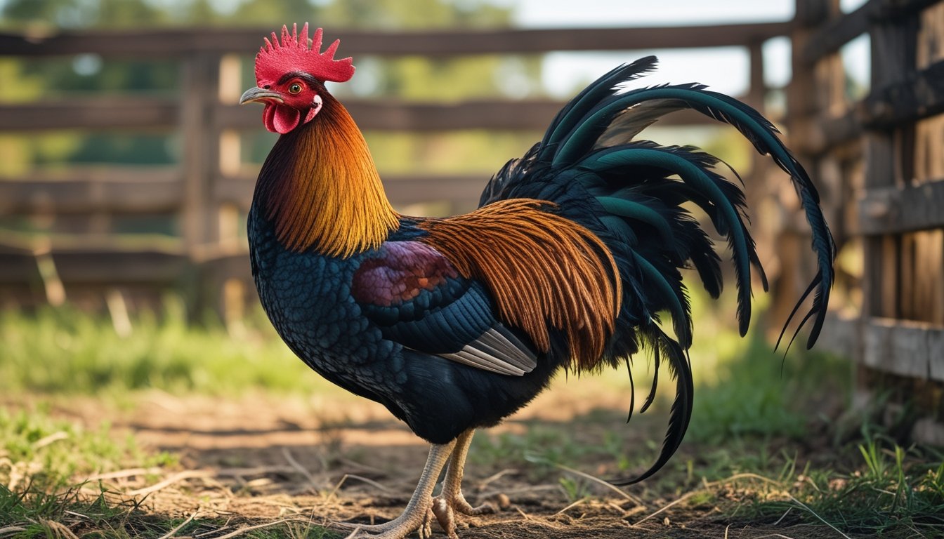 Seekor ayam jago berdiri tegak di lingkungan peternakan dengan latar pagar kayu dan rumput hijau.