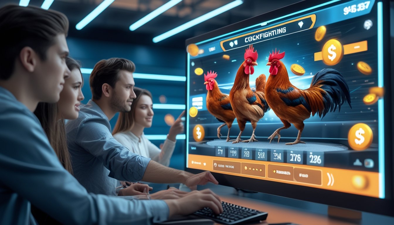 Beberapa orang muda sedang menggunakan perangkat digital yang menampilkan platform taruhan sabung ayam online dengan simbol bonus cashback dan kalender mingguan di latar belakang futuristik.