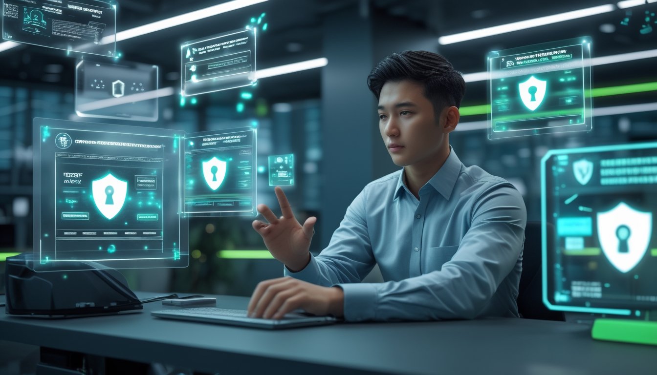 Seorang pria muda sedang menggunakan layar digital transparan dengan simbol keamanan di kantor futuristik.