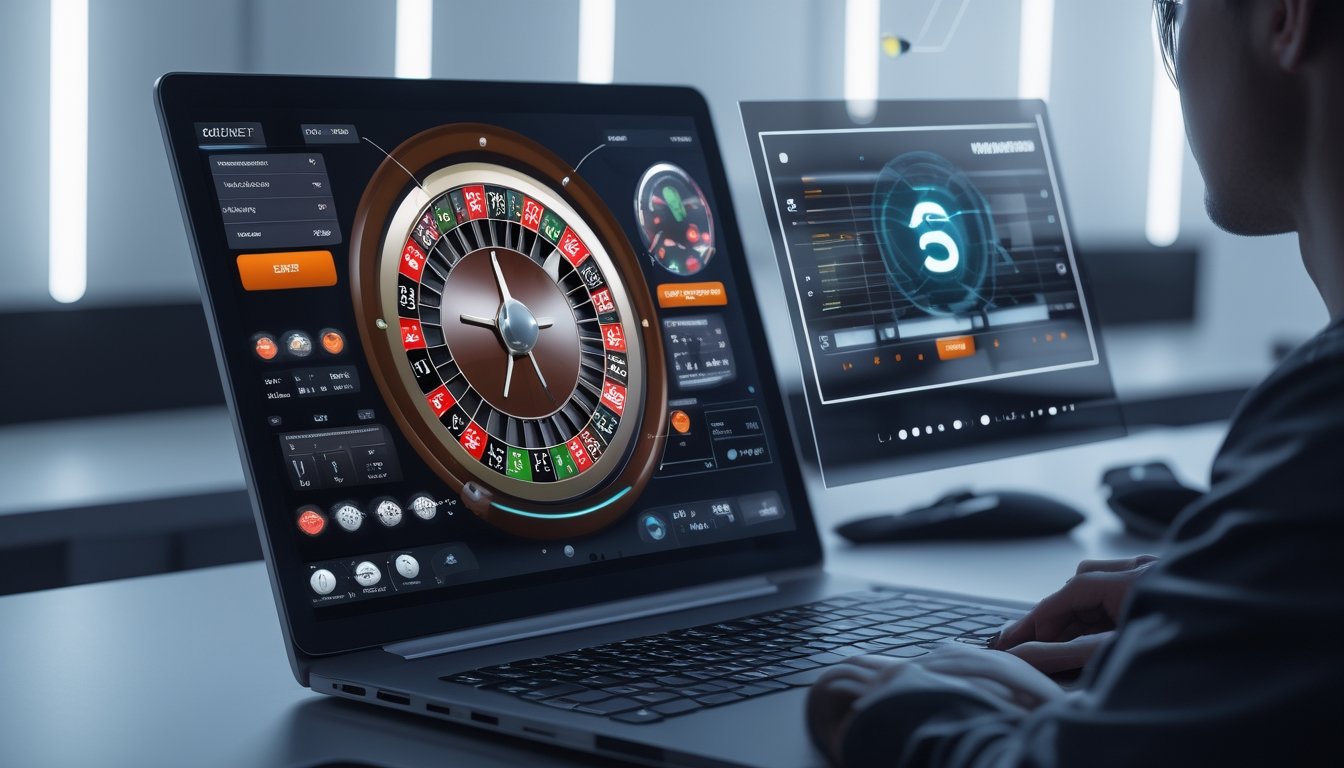 Seorang pemain sedang fokus menggunakan komputer dengan tampilan roda roulette digital dan grafik taruhan di layar.
