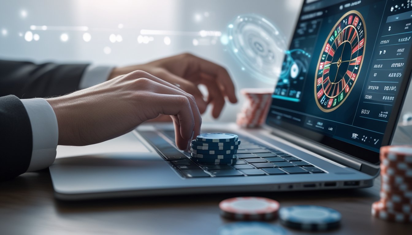 Seseorang sedang menggunakan laptop dengan permainan roulette online di layar, fokus pada strategi taruhan.