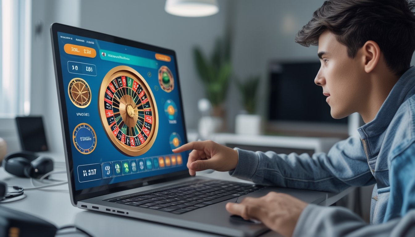 Seseorang sedang bermain roulette online di depan komputer di ruangan yang terang dan nyaman.