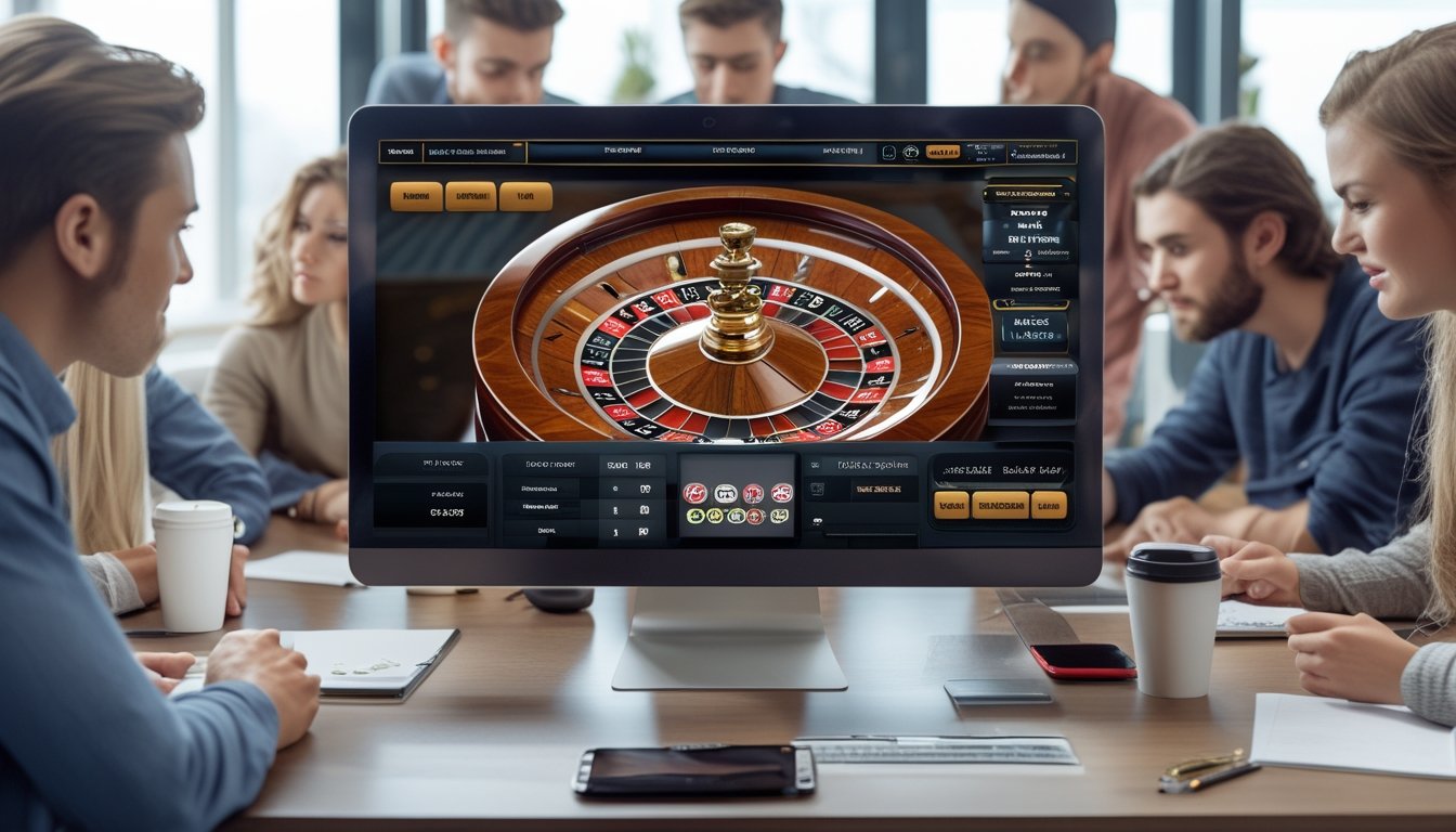 Sekelompok orang muda sedang belajar bermain roulette online dengan komputer yang menampilkan permainan roulette dan opsi taruhan.