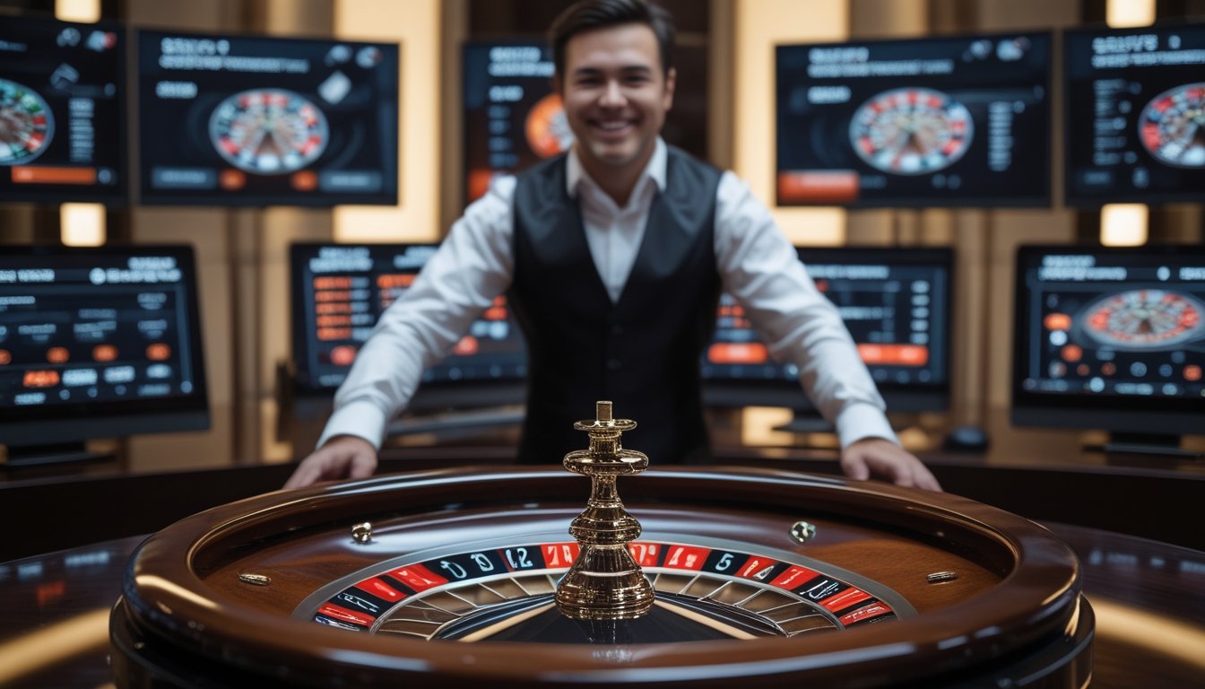 Seorang dealer profesional berdiri di belakang meja roulette dengan roda roulette dan layar komputer yang menampilkan permainan roulette online.