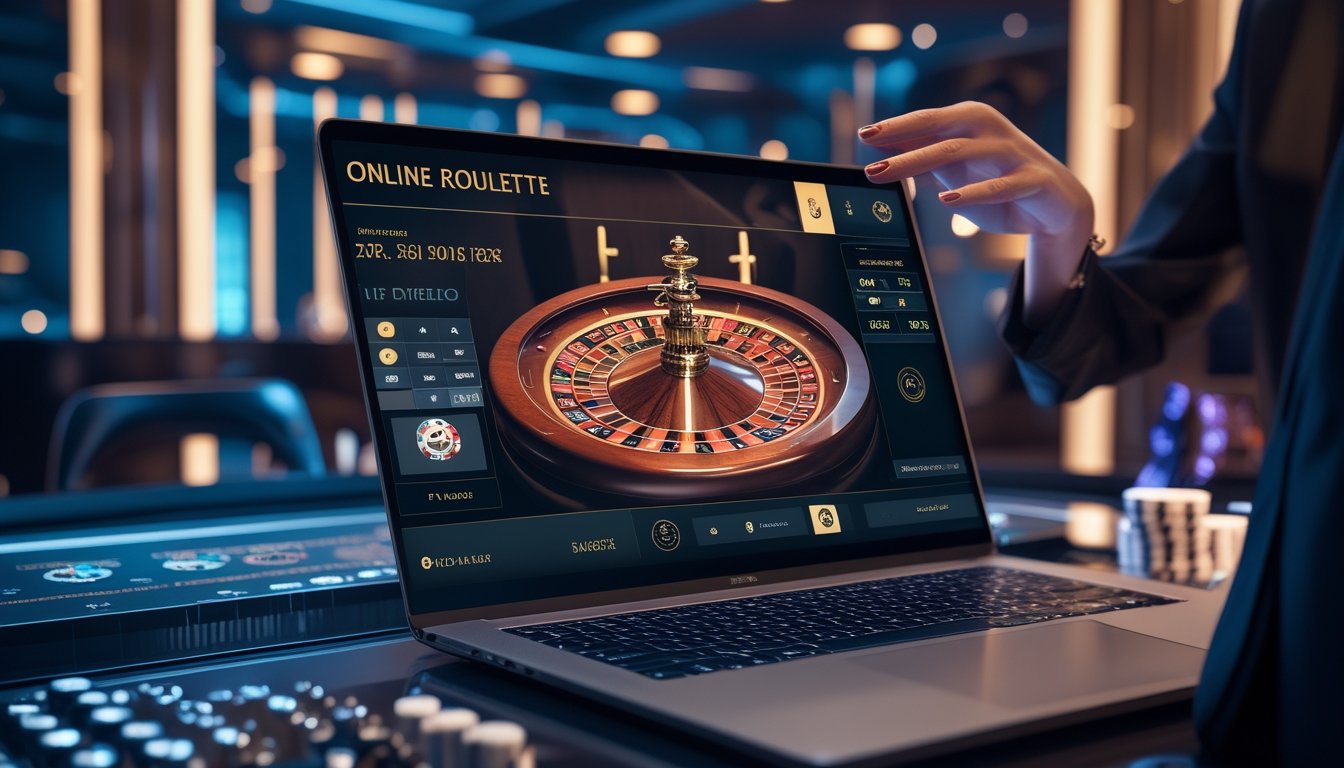 Seorang dealer wanita profesional sedang bermain roulette di depan laptop dengan latar belakang meja roulette dan suasana kasino yang elegan.