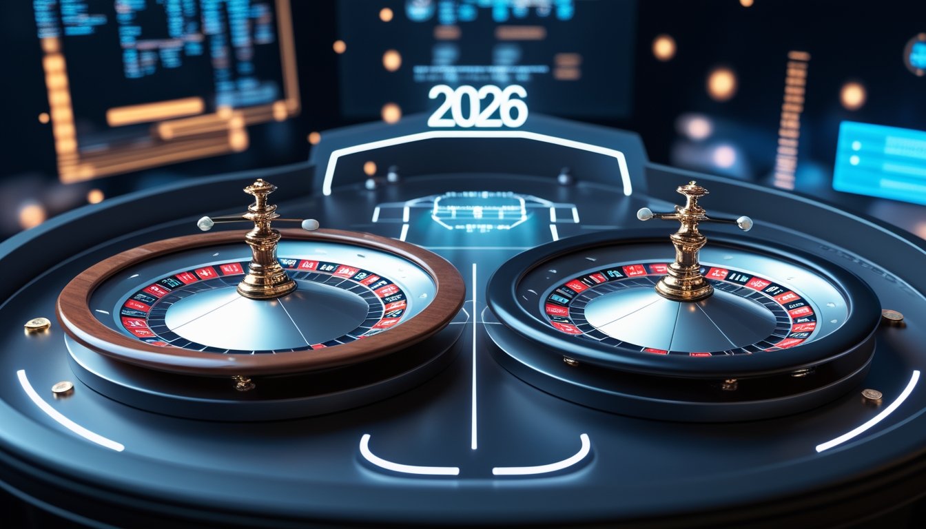 Dua roda roulette, satu Eropa dan satu Amerika, berdampingan di meja kasino modern dengan elemen digital yang menunjukkan suasana judi online.