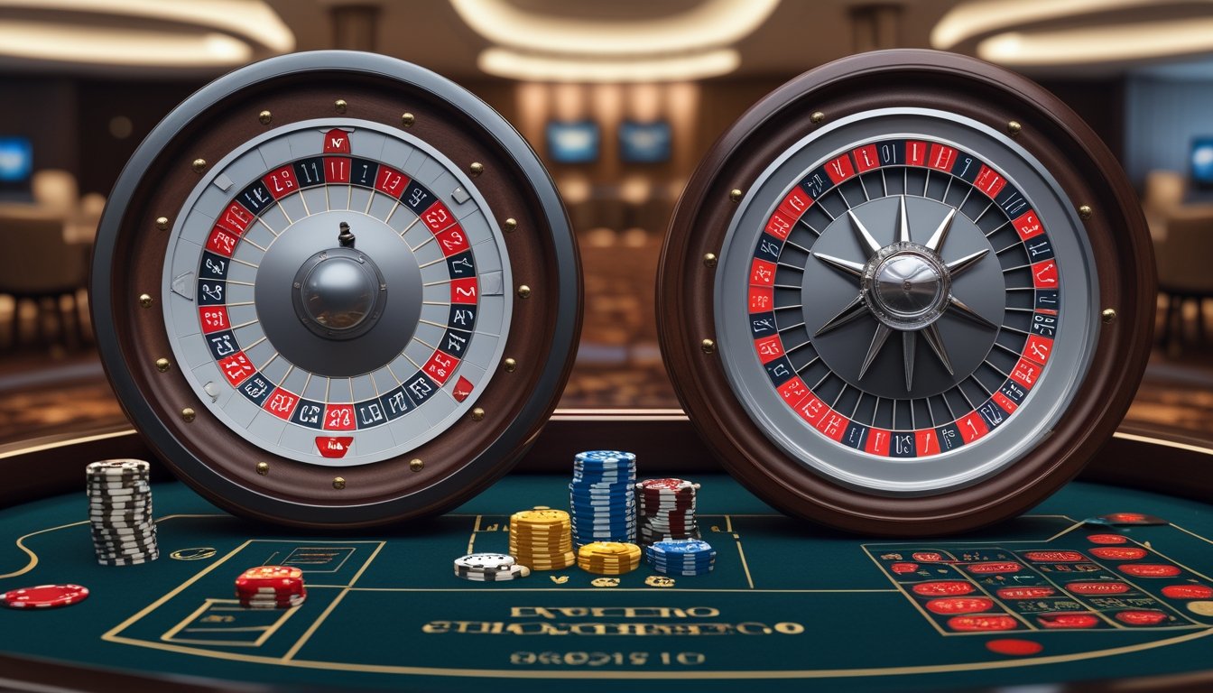 Dua roda roulette berdampingan di meja kasino dengan latar belakang suasana kasino dan chip taruhan.