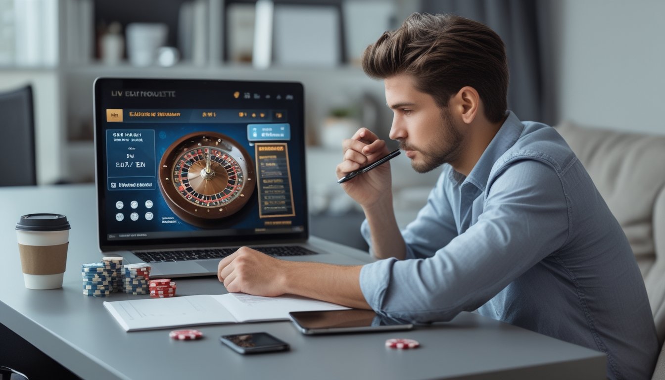 Seorang pria muda sedang mengelola keuangan sambil bermain roulette online di laptop di ruang tamu yang nyaman.