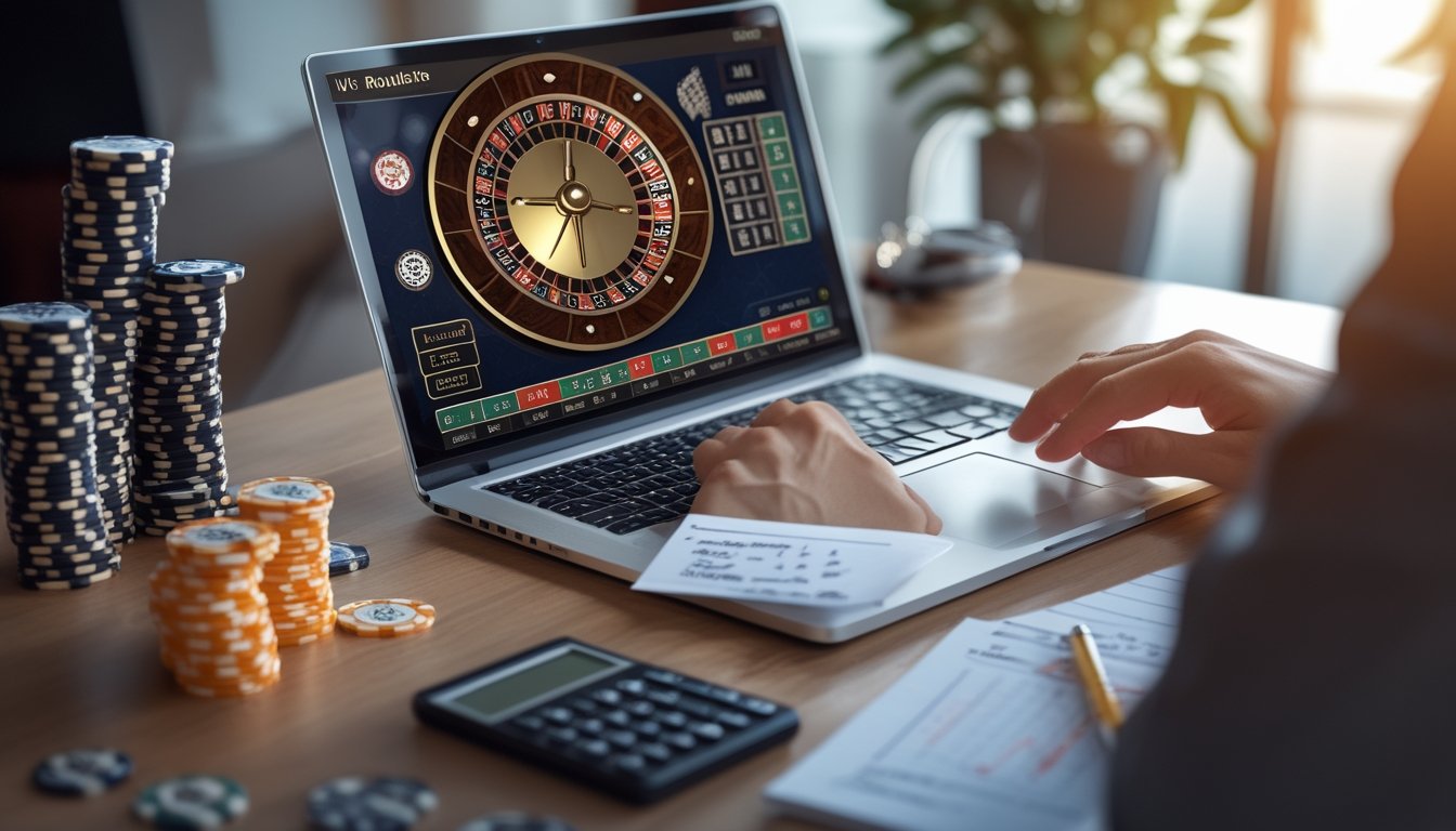 Seorang pemain duduk di depan komputer yang menampilkan permainan live roulette dengan chip poker dan alat hitung di sekitarnya.