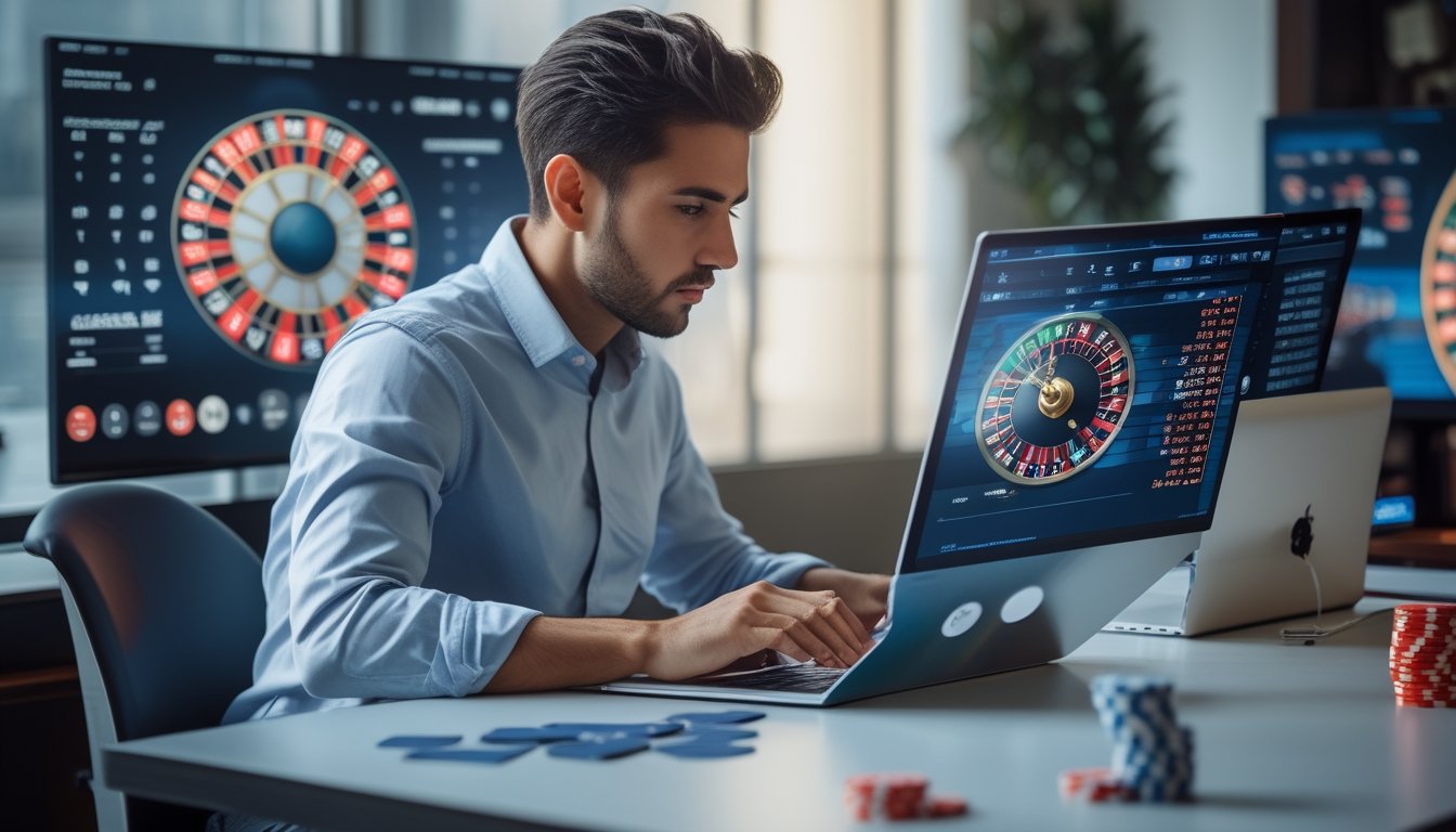 Seorang pemain profesional sedang menganalisis pola angka roulette online di depan laptop dengan beberapa layar dan alat analisis di meja.