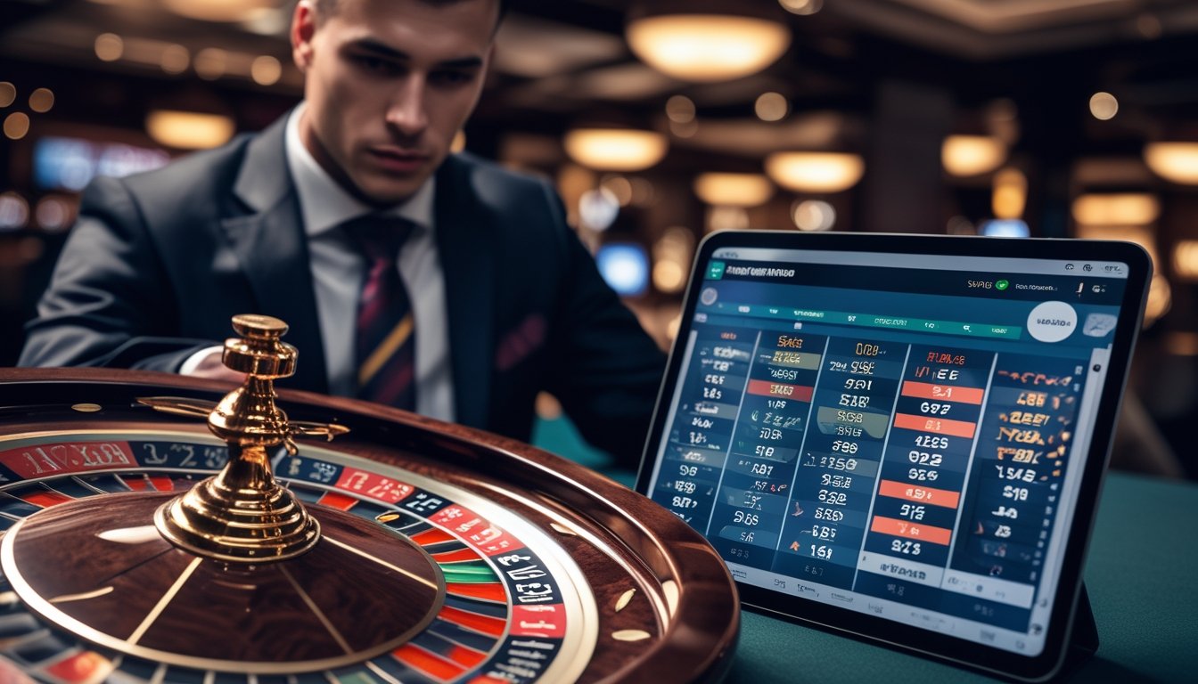 Seorang pemain profesional sedang memperhatikan roda roulette yang berputar sambil melihat pola angka pada tablet di lingkungan kasino.