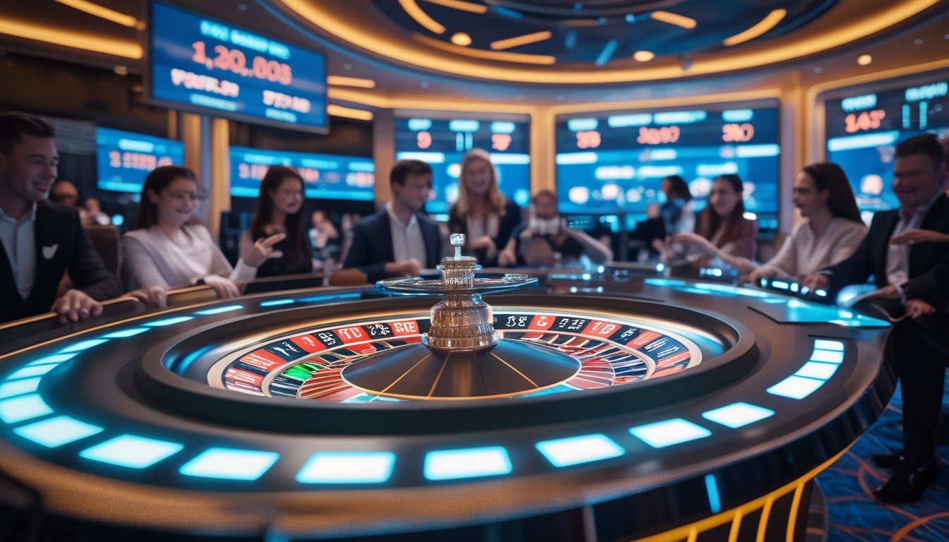 Orang-orang bermain roulette online dengan meja digital dan perangkat teknologi canggih di kasino modern.