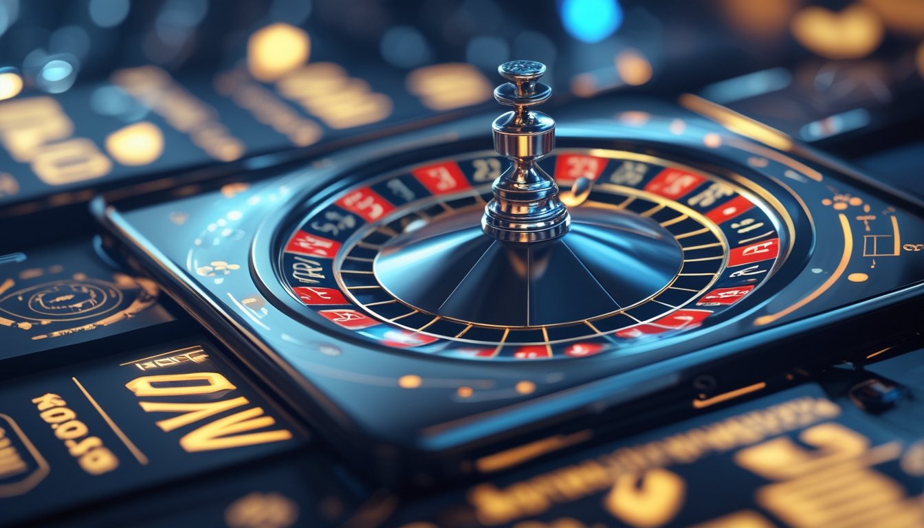 Layar perangkat menampilkan permainan roulette online dengan roda roulette berputar dan elemen grafis multiplikator besar.